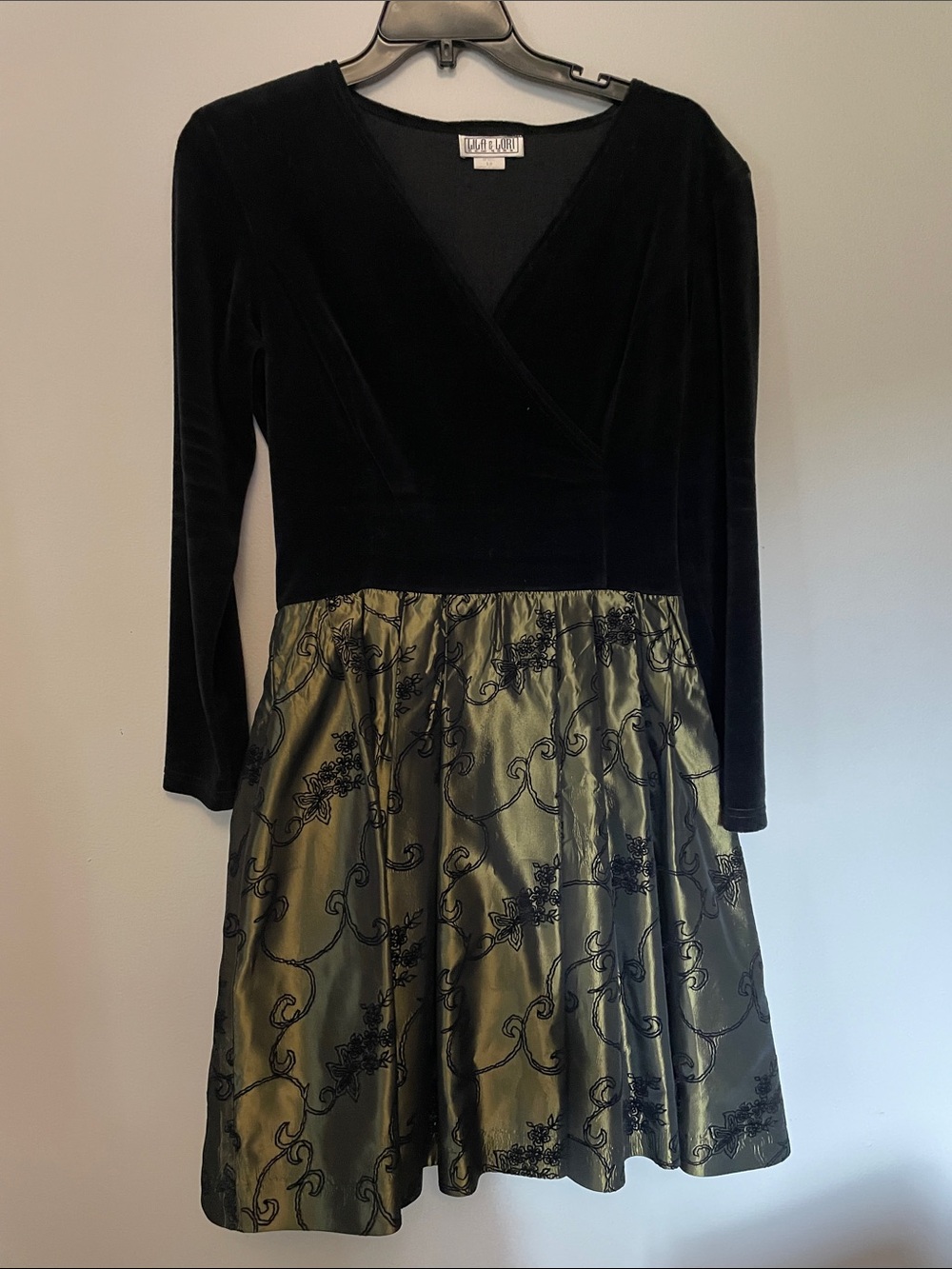 80’s Black Velvet & Olive Brocade Fit-and-Flare Dress